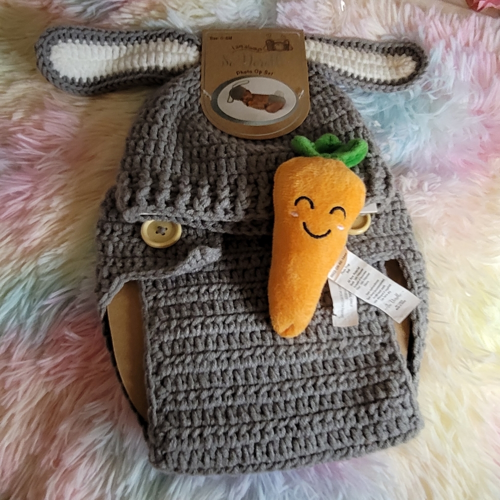 So Adorable Baby Photo Op Set Crochet Costume Bunny 0-6 Mo. - Picture 8 of 12